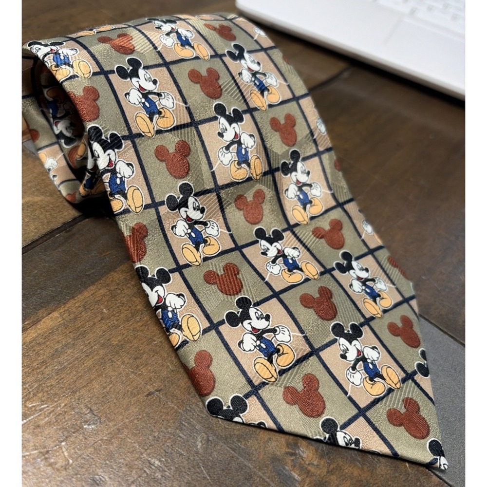 Mickey & Co Vintage Mickey Mouse Grid Necktie Mens OS Gold Brown Disney